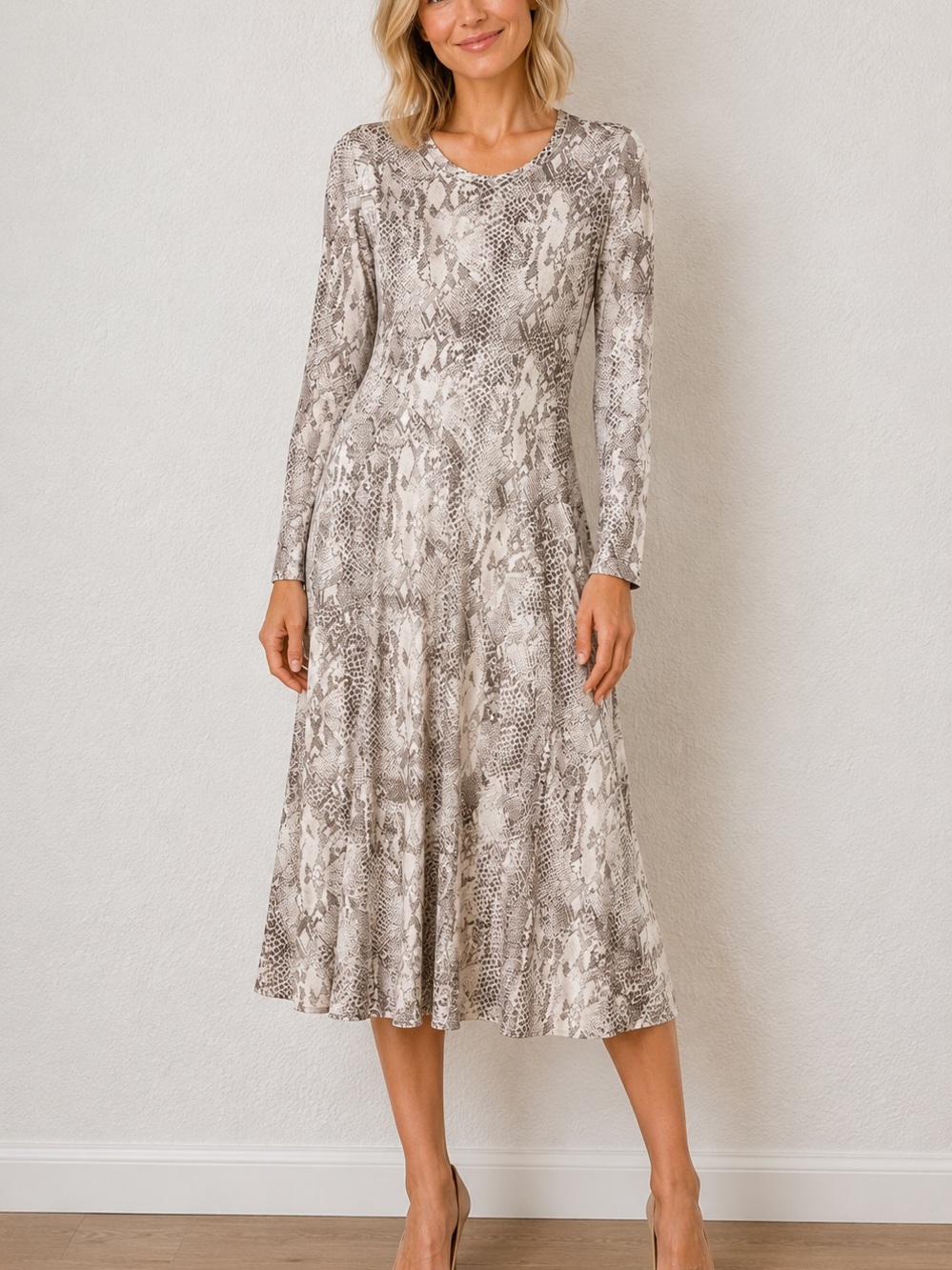 Rachel Zoe Snake Print Long Sleeve Midi Dress Beige Brown Casual Boho Resort M